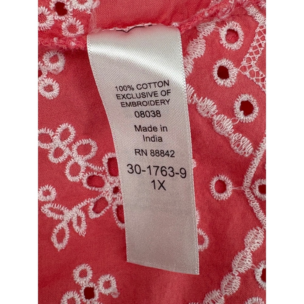 Woman Within Blouse Coral Eyelet Embroidered Pintuck 1X 100% Cotton - Picture 8 of 9